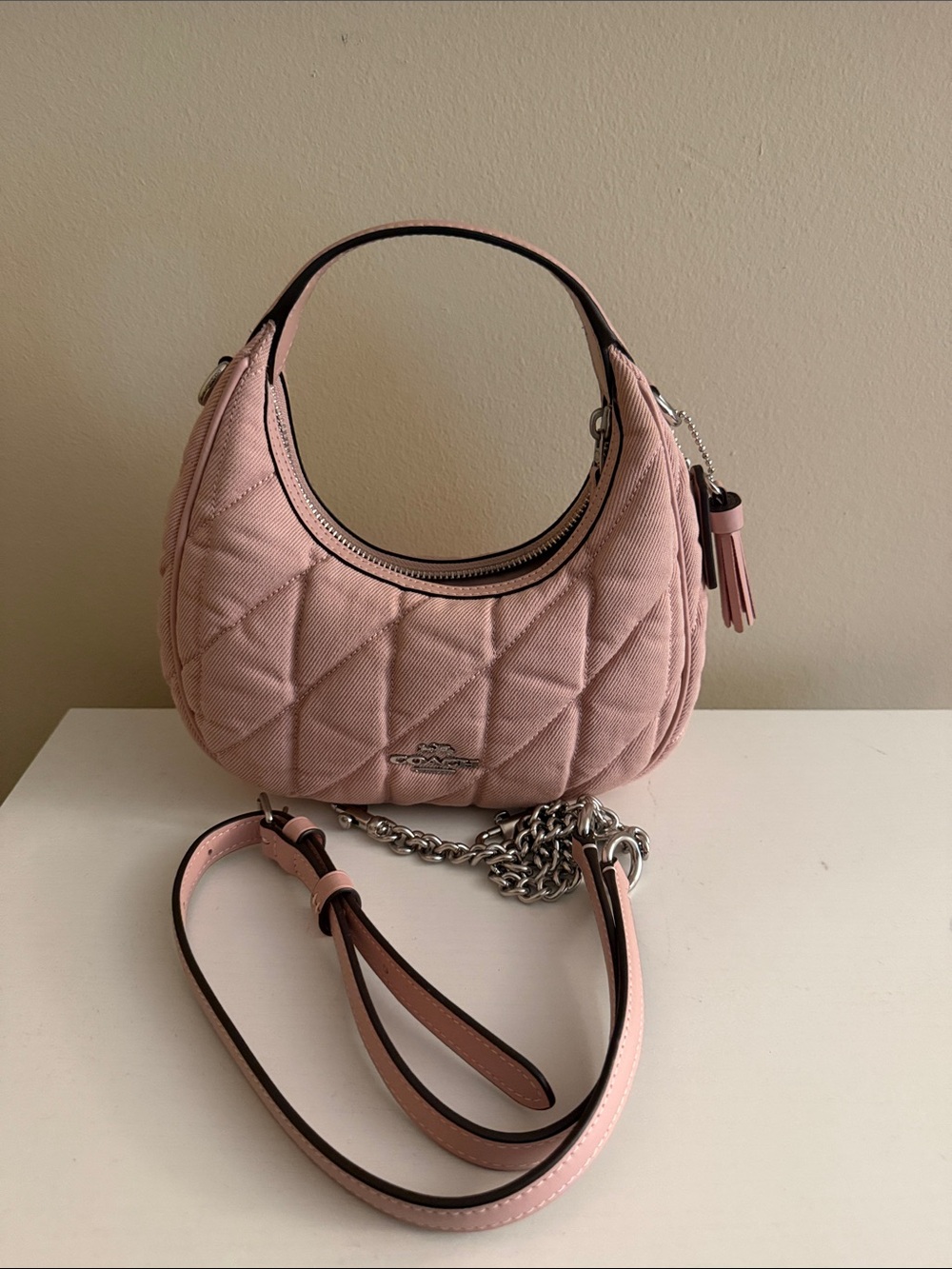 Coach Quilted Crescent Mini Bag in Dusty Pink with Silver Hardware